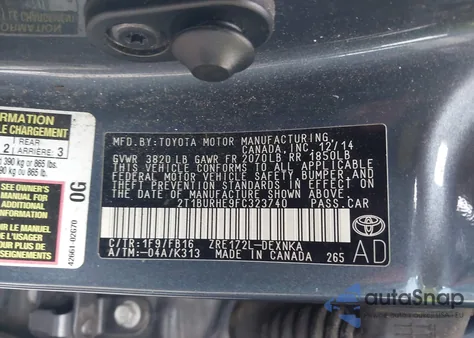 2015 Toyota Corolla Le из США, поврежденный, VIN 2T1BURHE9FC323740